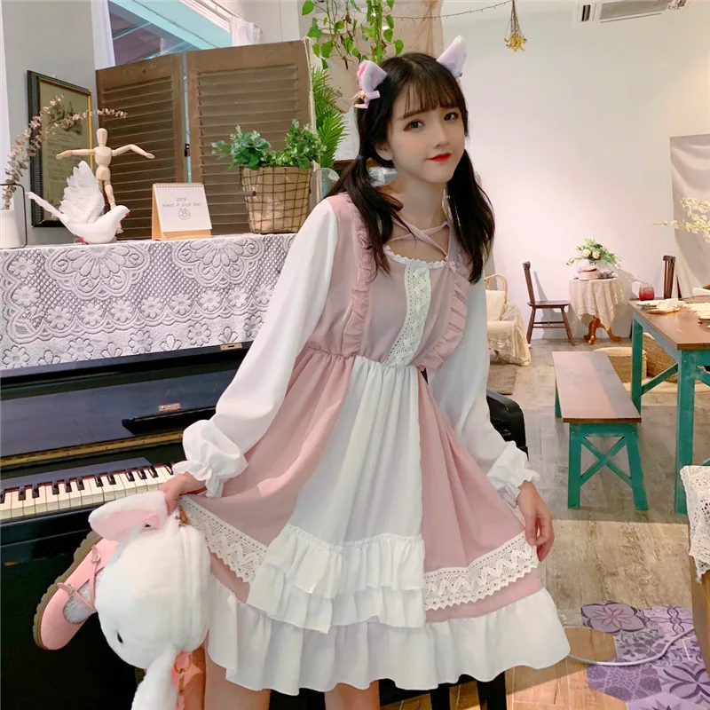 Kawaii/платье в японском стиле «Лолита»; мягкое милое Повседневное платье для девочек с короткими рукавами; студенческое летнее платье