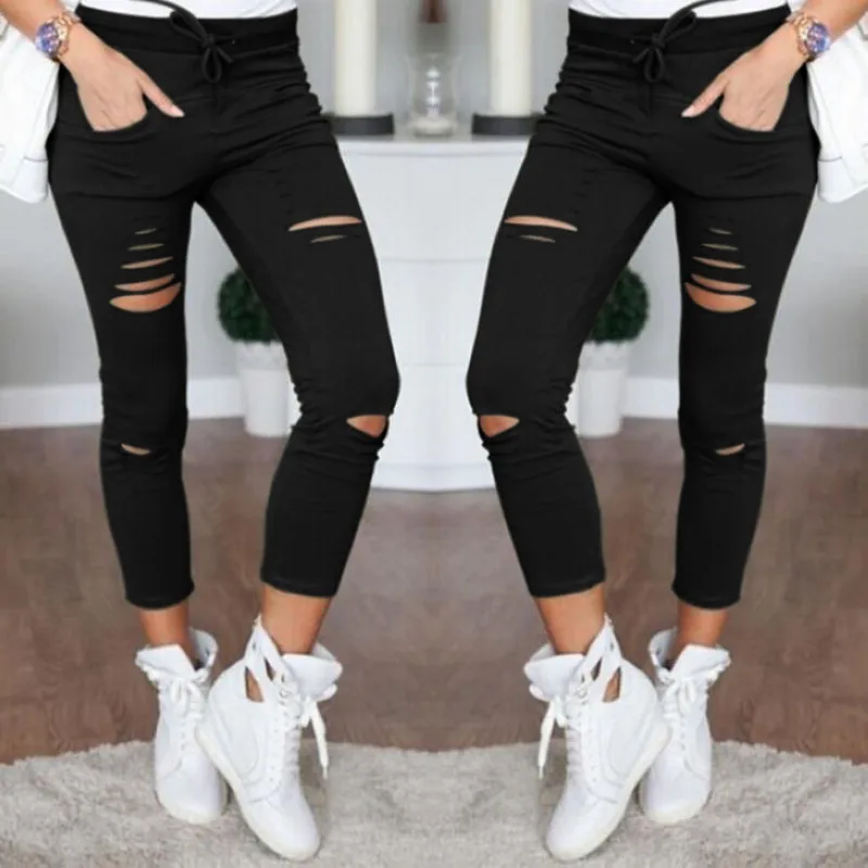 

Casual Skinny High Waist Jeans Women Stretch Hole Slim Fit Denim Pencil Pants Trousers Army Green White Black XXL