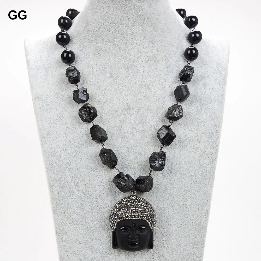 

GuaiGuai Jewelry 21'' Natural Black Tourmaline Rough Necklace Matte Onyx Buddha Pendant