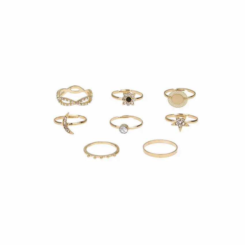 Женское кольцо в стиле бохо Золотое Винтажное с кристаллами виде луны и звезд