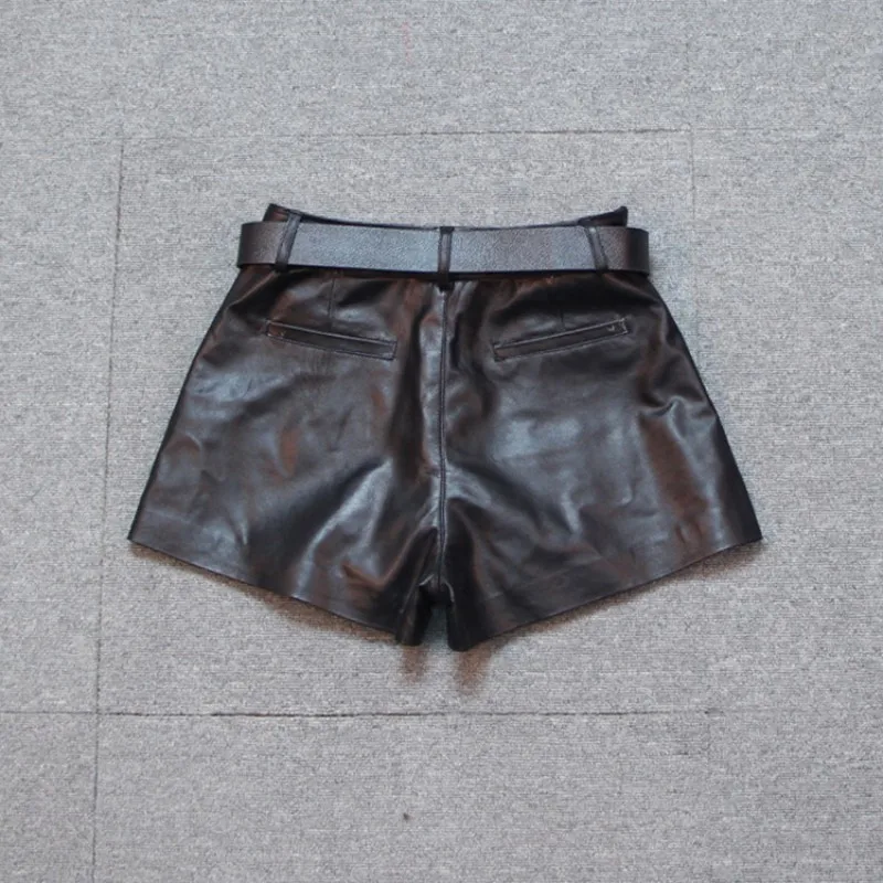 

New Fashion Women Punk Black Sheepskin Genuine Leather Wide Leg Short Trousers Belted Slim Fit Casual Motor Biker Female Shorts