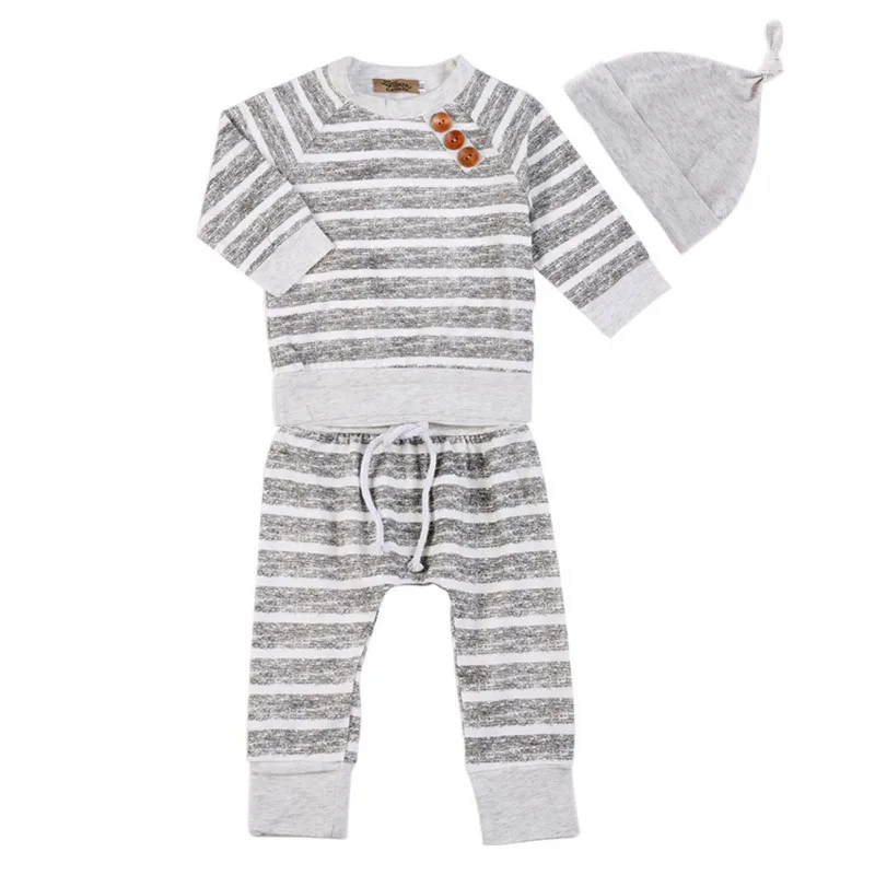 

3 Pcs/set Newborn Baby Boy Clothes Sets Autumn Long Sleeve Striped Top + Striped Pants + Caps Outfits Clothing Sets