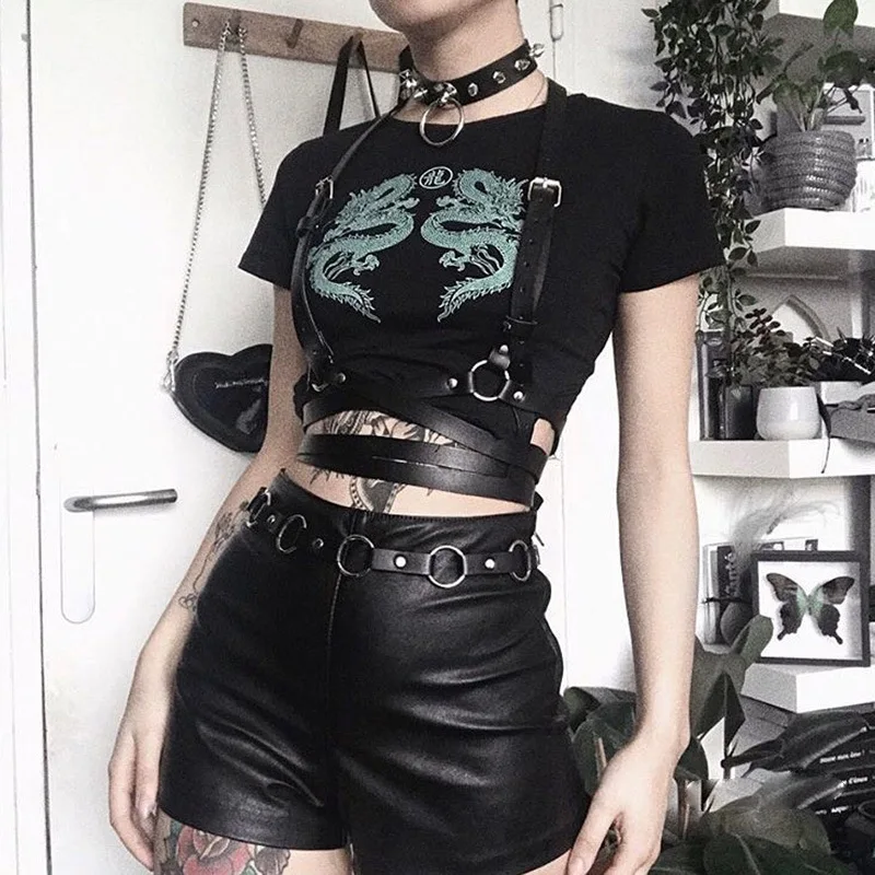

Wardrobe Girls 2021 New Womans Dark Gothic Style Street Harajuku Black High Waist Dragon Print Regular Vintage Sexy Y2k T-shirts