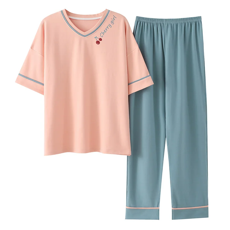 

Spring Summer Home Clothing M-5XL Big Size Ladies's Pajamas Green Patchwork Sleeves Cartoon Printing Plus Size Women's Sleepwear
