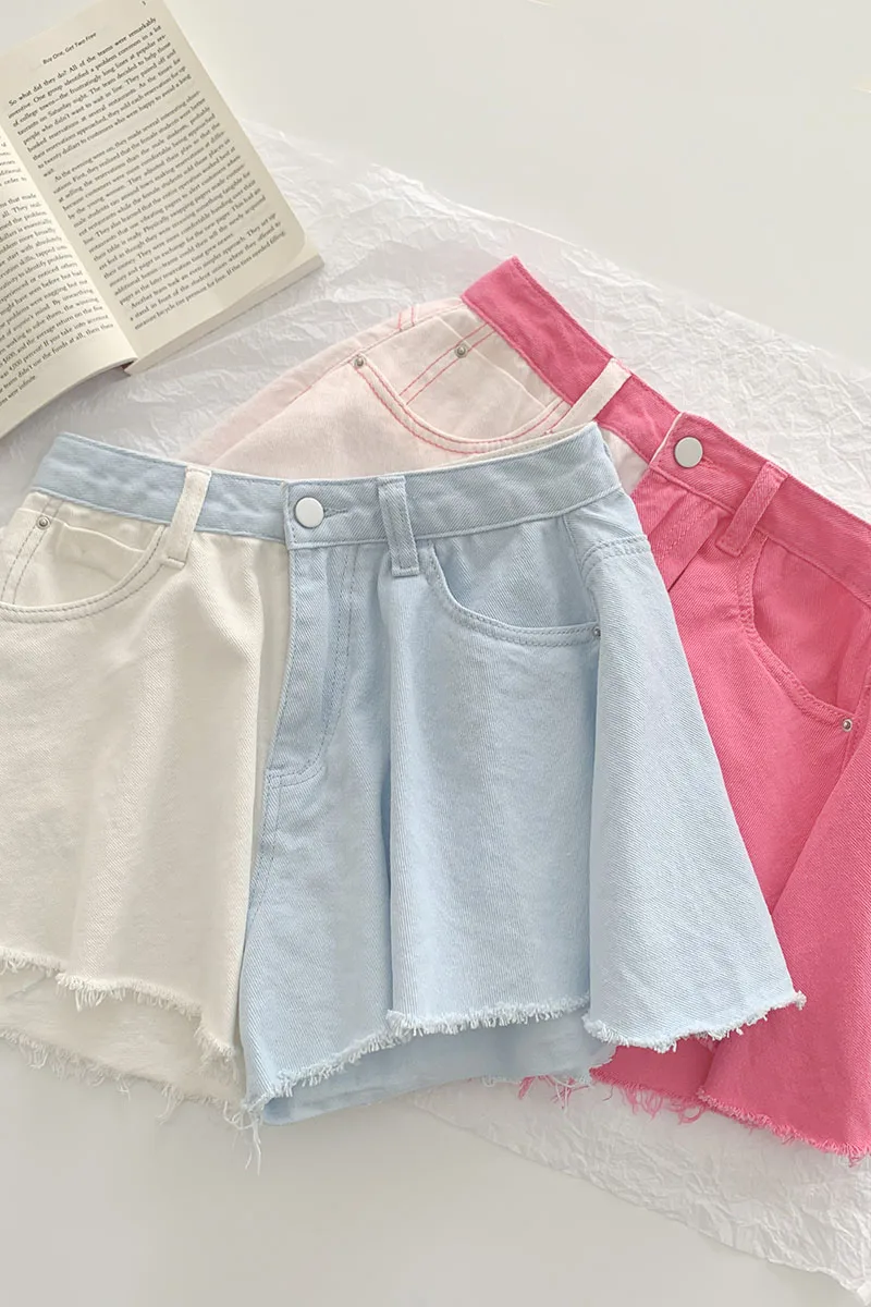 

Summer new style Korean women's fashion all-match color matching wide-leg High waist denim shorts