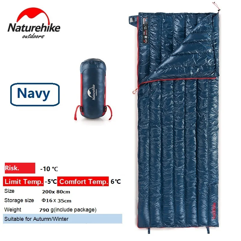 Navy 200x80cm Naturehike ультра-светильник спальный мешок для взрослых Открытый Кемпинг гусиный пух квадратный спальный мешок теплый - Цвет: Navy 200x80cm