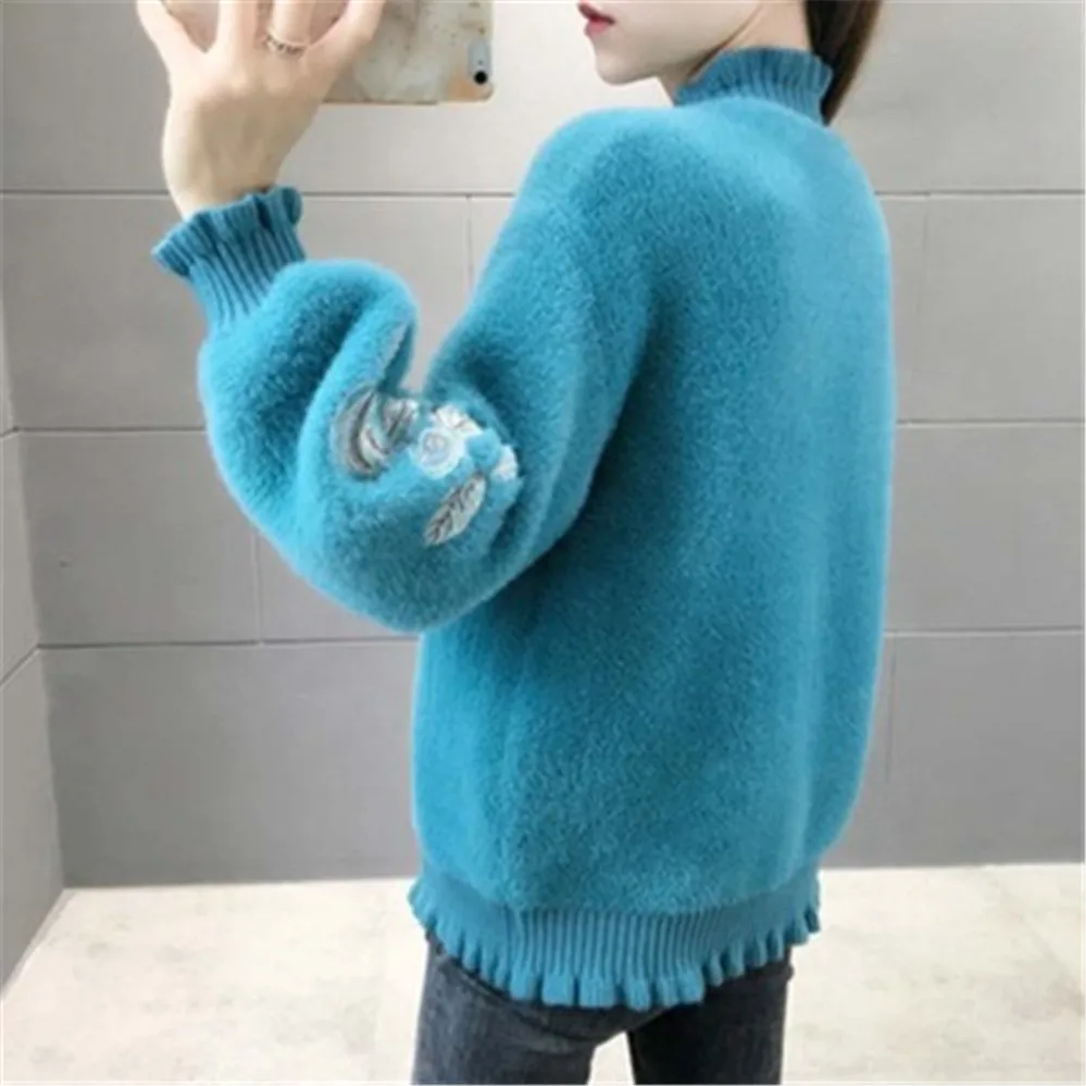 2020 Korean Faux Mink Cashmere Sweater V Neck Embroidery Long Lantern Sleeve Zipper Cardigans Autumn Winter New Fashion Coats |