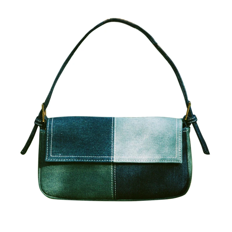 

Bag female 2021 new fashion casual denim stitching underarm bag hit color baguette bag retro single shoulder bag