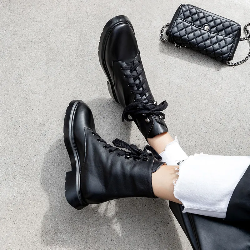 Женские ботильоны на шнуровке FEDONAS Черные Теплые повседневные из натуральной