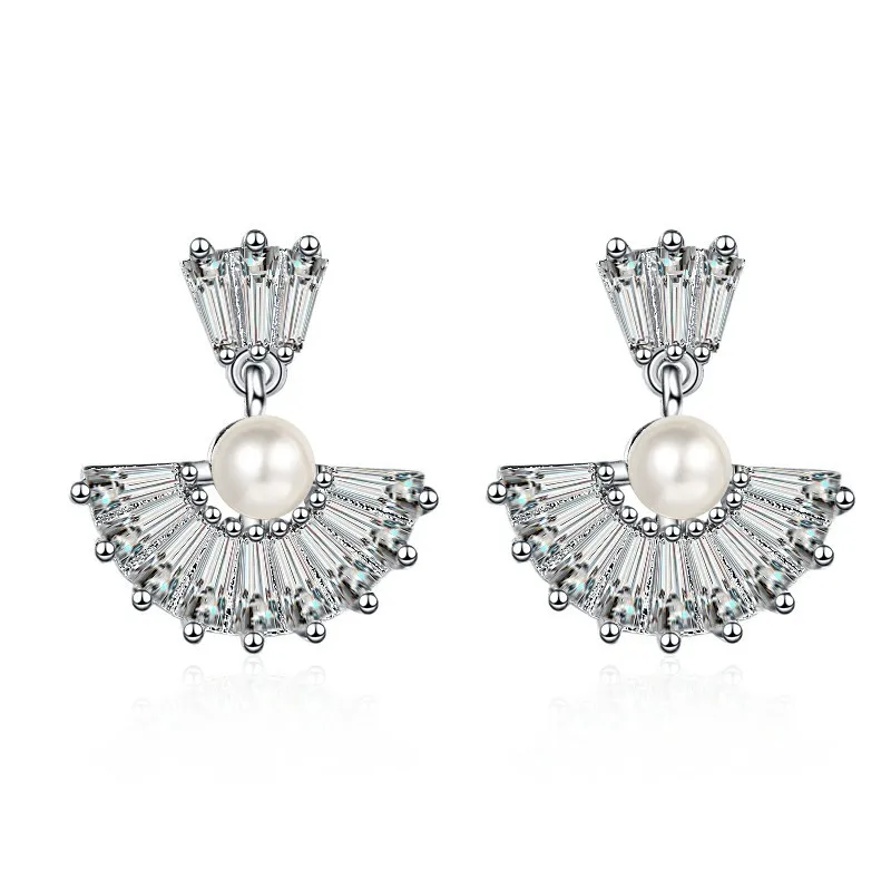 Graceful Pearl Stud Earrings For Women Shiny CZ Stone Semicircle Dangle Earring Piercing Jewelry Female Wedding Earring Jewelry