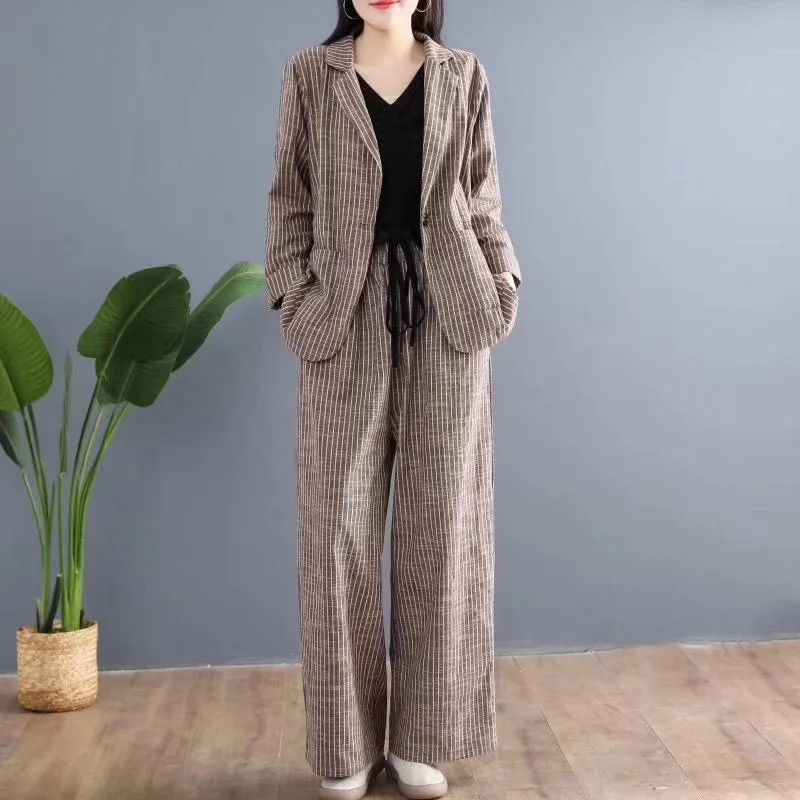 Повседневный Ретро-костюм в полоску Женский хлопковый и льняной Блейзер брюки