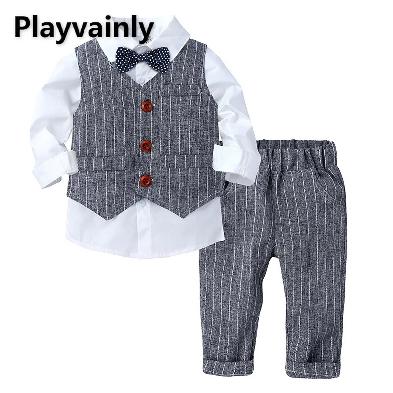 

Boy Suit 2021 New Baby bow tie white shirt+vest coat +stripe pants Fashion 3PCS Outfits Set Baby Clothes E100210