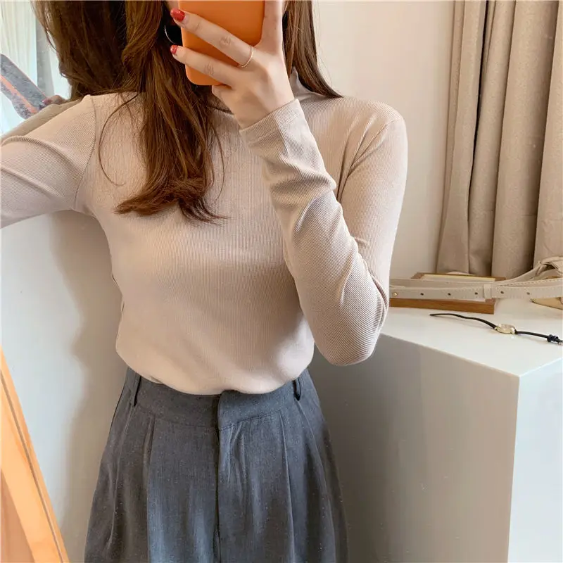 

Women's Elegant Long Sleeve T Shirt 2021 Spring Autumn Solid Color Turtleneck Tees Slim Bottoming Shirt Top Ladies Casual Tshirt