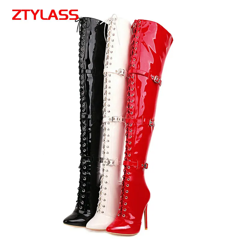 

2021 мотоциклетные сапоги на шнуровке, ботфорты из лакированной кожи, высокие сапоги на тонком высоком каблуке, осенне-зимняя женская обувь с ...