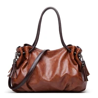 funmardi vintage fashion high capacity handbag soft leather female bag casual pleated shoulder bag tassel design bag for women