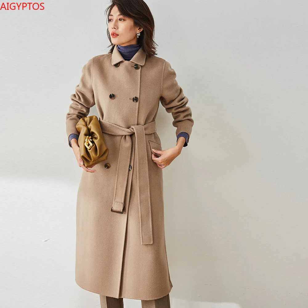 

AIGYPTOS 2020 autumn and winter British style double-breasted belt lengthened side slit double-sided woolen wool coat jacket