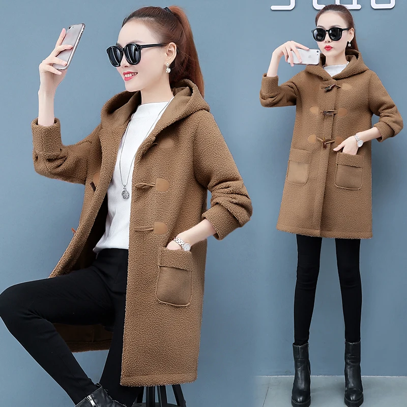 

Hooded lamb wool coat female Autumn Winter clothing New Cardigan Imitate Fur Outerwear Horn buckle Thicken Plush famale jacket