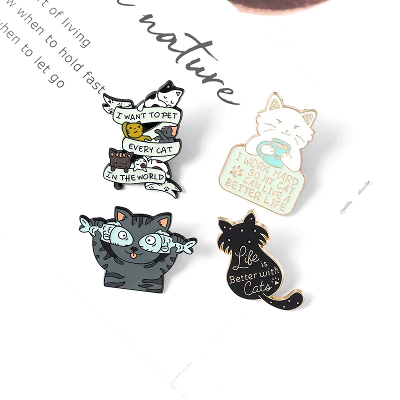 

Drinking Cat Brooch Funny Cat Combination Badge Denim Clothing Decor Gifts For Friends Kids Cartoon Cute Cat Combination Brooch
