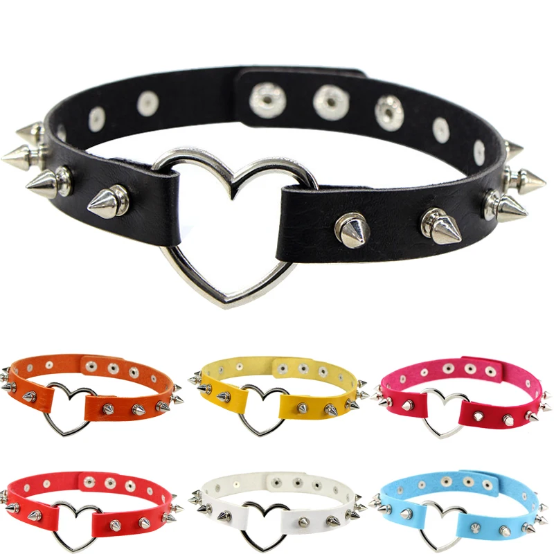 Fashion Sexy Harajuku Heart Pendant Choker Spike Gothic Leather Necklace Women Punk Collar Chocker Necklaces Statement Jewelry |