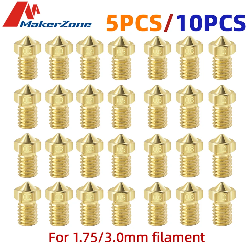 5pcs/10pcs 3D Printer nozzle M6 Threaded V6 Brass Nozzle 0.2/0.3/0.4/0.5/0.6/0.8/1.0mm for 1.75/3mm filament V5 Hotend Extruder