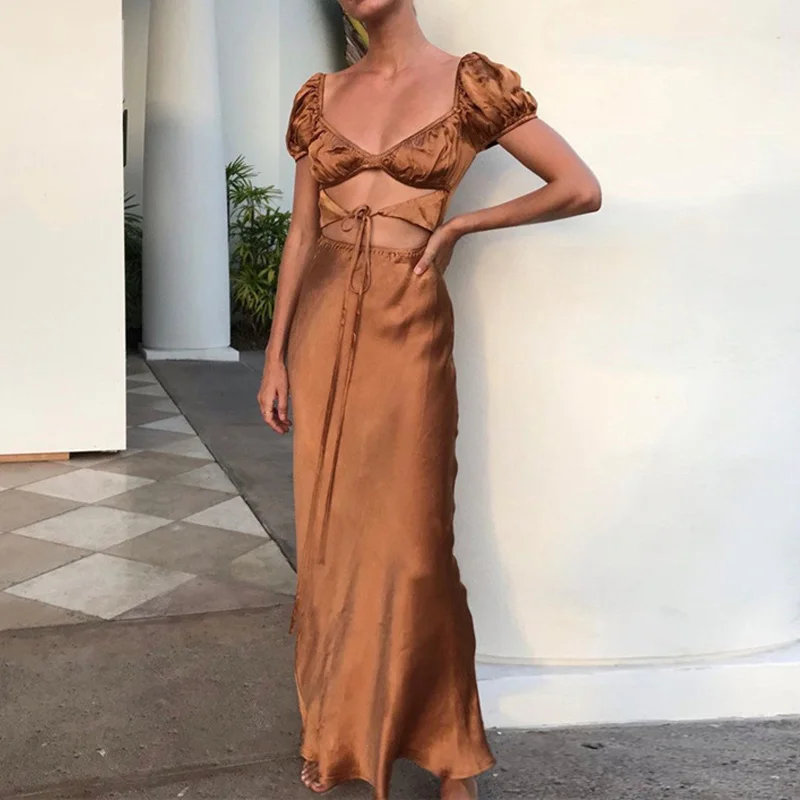 

Hollow Out Women Long Dresses 2021 Summer Short Puff Sleeve Waist Tie Sexy Lady Party Dress Night Club Navel Streetwear Fashion