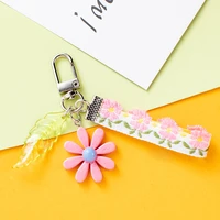 fashion pink blue lace lanyard daisy flower keychain for women girls keyring trinket charm pendant for ipod phone key car key