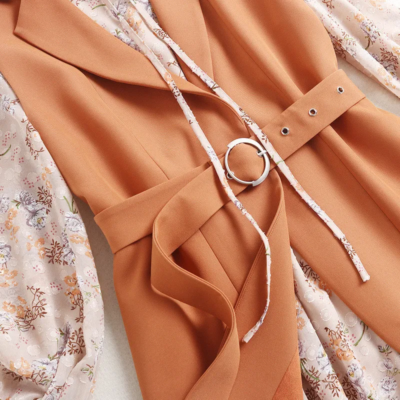 

2021 Spring Lady Notched Vest and Flare Sleeve Print Dress 2 Piece Suit Women Office Robe Femme Midi Casual Party Vestidos