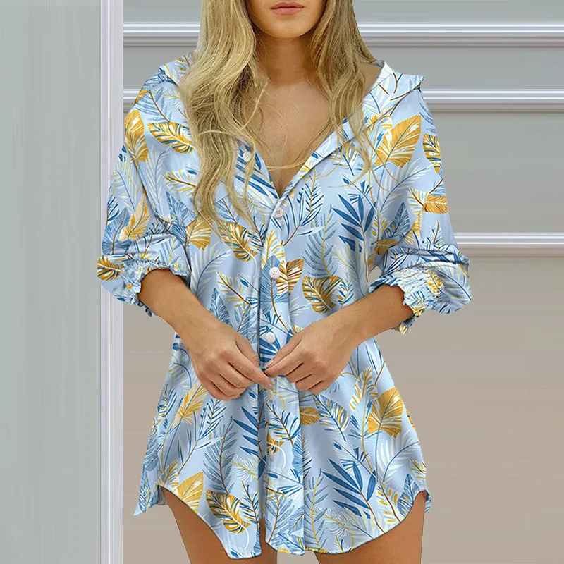 

Elegant Turn-Down Collar Button Long Sleeve Shirts Women Long Blouse 2021 Spring Summer Casual Loose Tops Printed Streetwears