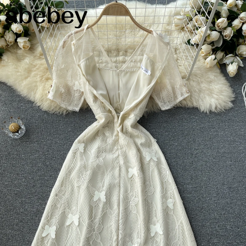 

Women Elegant French Dress Sweet Lace V Neck Puff Sleeve Solid A-line Dresses Summer Fashion Streetwear Midi Sundress