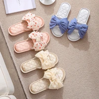 new home comfortable linen slippers breathable indoor fabric slippers silk big bow slippers