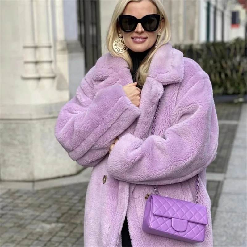 Autumn Winter Ins Blogger Lapel Long Lamb Wool Coat Fluffy Jacket Solid Color Loose Long Coat Women 2021 Luxury Street Hipster