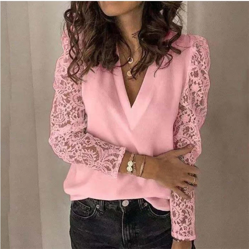 

Women Blouse 2020 V-neck Lace Hollow Out Top 5XL Embroidery Long Sleeve Patchwork Shirt Plus Size Feminino