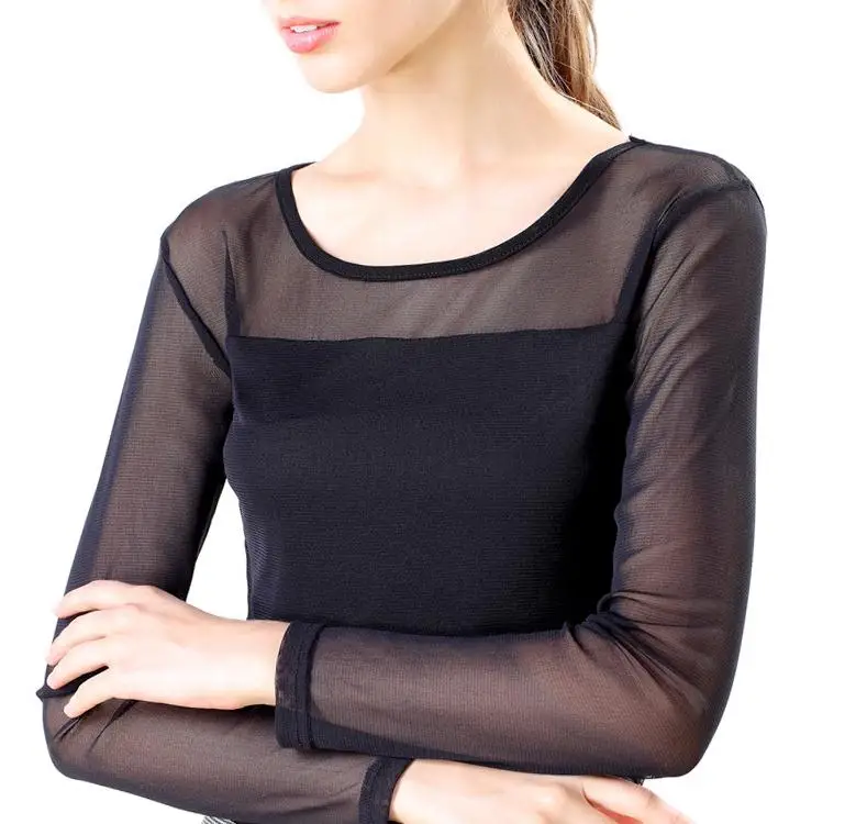 2019 весна осень черная сетка пэчворк Сращивание футболка женская с длинным