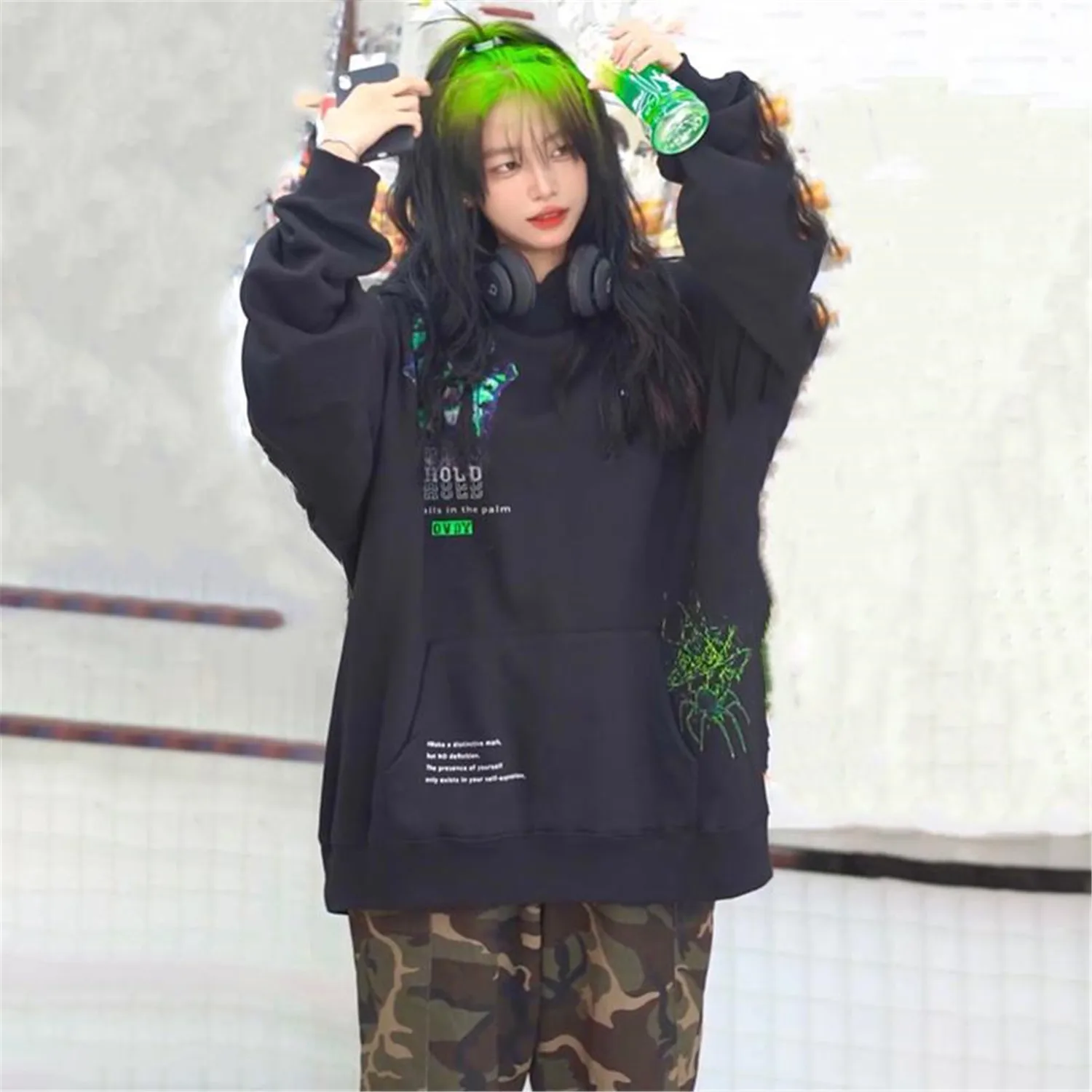 

Свитшот женский в стиле хип-хоп, худи в готическом стиле, пуловер с длинным рукавом, джемпер оверсайз, одежда для улицы, черный цвет, на осень