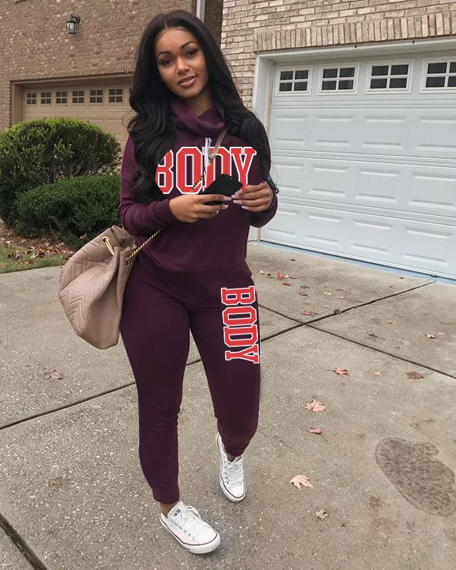 

Body Letter Print Turtleneck Long Sleeve Pullover Top Sporty Jogger Sweat Pant Activewear Workout Running 2 Piece Tracksuits Set