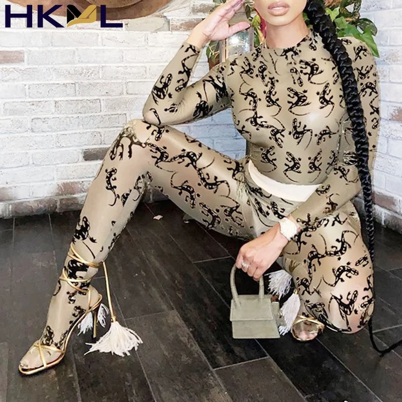 

Женский прозрачный костюм из сетчатой рубашки и брюк с длинным рукавом и принтом, летняя модная спортивная одежда, 2021