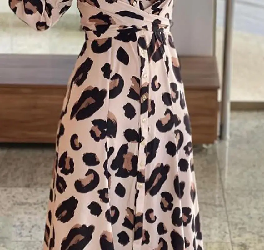 

Woman Dress Autumn Polyamide Floor-length European American Style Casual Long Sleeve deep-V Dress Leopard High-Waisted Elegant