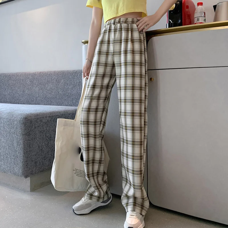 

Брюки женские клетчатые с завышенной талией, повседневные винтажные Брюки с широкими штанинами, джоггеры, уличная одежда, лето 2021