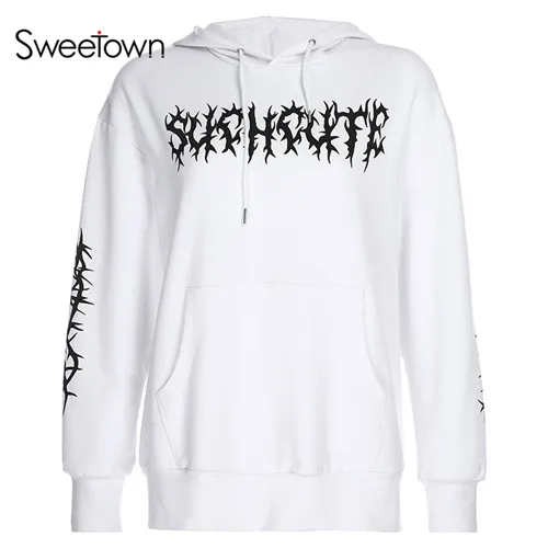 white Sweetown/белые готические толстовки больших размеров для женщин; коллекция года; сезон осень-зима; толстовка с длинными рукавами; Повседневная Толстовка С Карманами; пуловеры; уличная одежда - Цвет: white