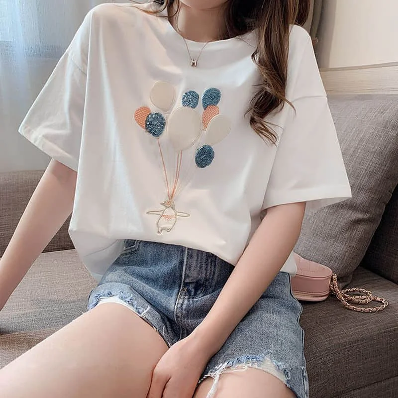 

2021 Summer Pink T shirt Women Tops Kawaii Embroider White Tshirt Women Korean Clothes Short Sleeve Casual Tee shirt y2k top
