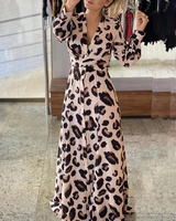 women leopard print tied detailed maxi dress 2022 femme casual button design long sleeve v neck robe lady party clothing traf