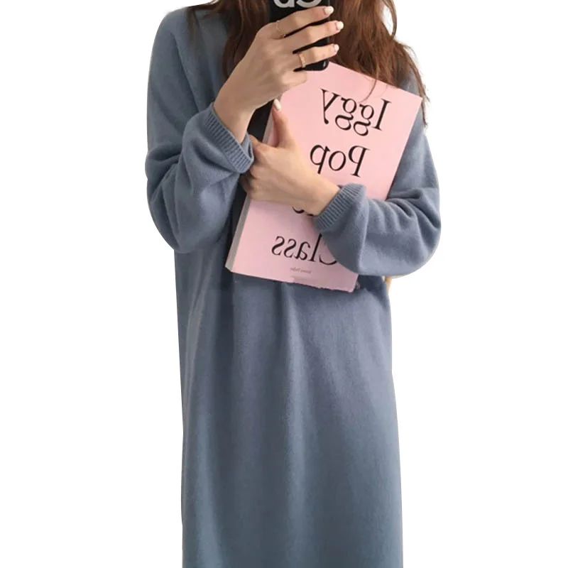 Модное женское осенне зимнее длинное платье свитер NORMOV с длинным рукавом прямой