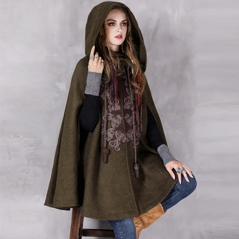 

Womens Winter New Vintage Warm Woolen Hoodie Cloak Coat Embroidered Drop-Shoulder Sleeve Wool Cape Outerwear Streetwear Tops
