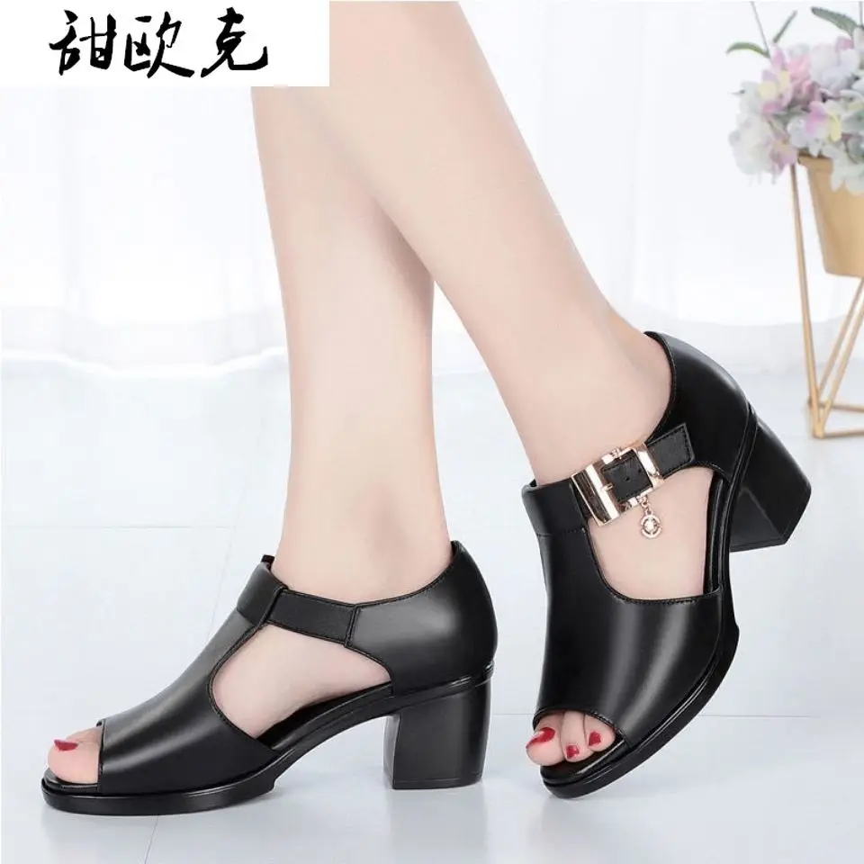 

Women Sandals Summer 2021 Heel Fashion Sexy Fish Mouth Hollow Roman Sandals Outdoor Thick with Beaded High Heels Mother Shoes