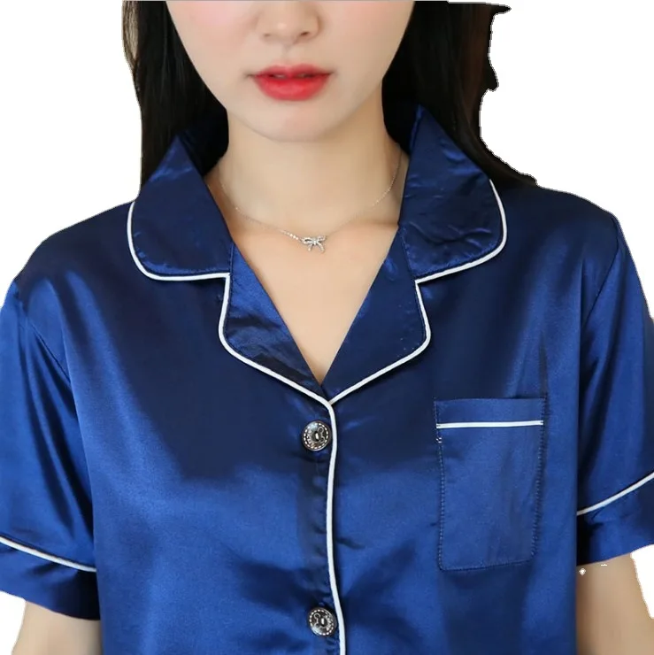 

Women Summer Ladies Pajamas Summer Short-sleeved Silk Sweet Cute Ice Silk Cardigan Home Service Suit Sleepwear Satin Pajamas