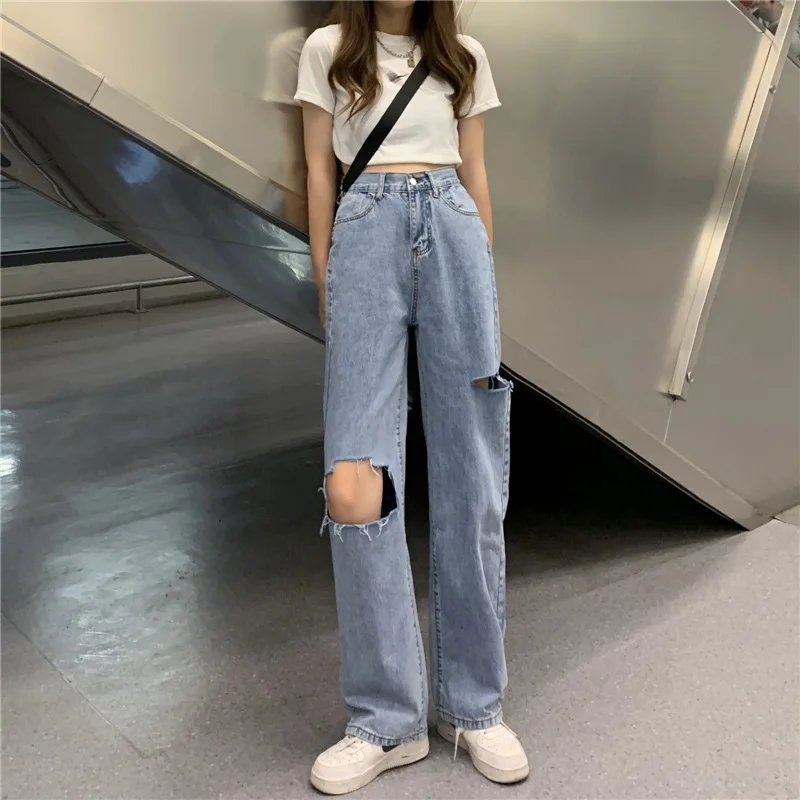 

Light Blue Denim Trousers Retro Wide-leg pants women's Ripped Trousers High Waist Casual Jeans Women