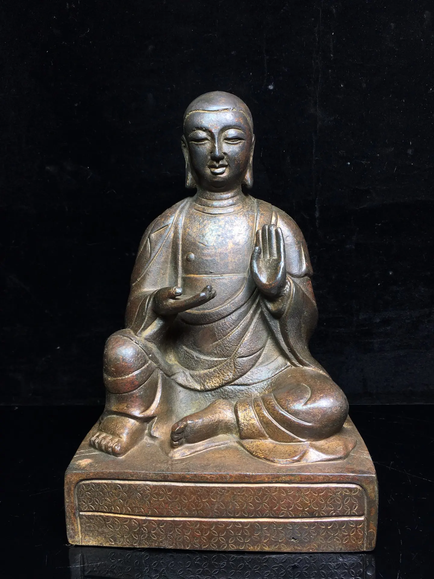 

9"Chinese temple collection Old Bronze Cinnabar Lacquer Guru Buddha Statue Buddhism always Tibetan Buddha Ornaments Town House