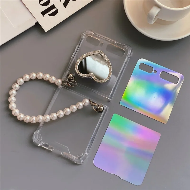 Pearl Hand Chain Handbag Case Cover For Samsung Galaxy Z Flip 5G 3 Cute Diamond Love Mirror Stand Holder Laser Card Fundas Capa
