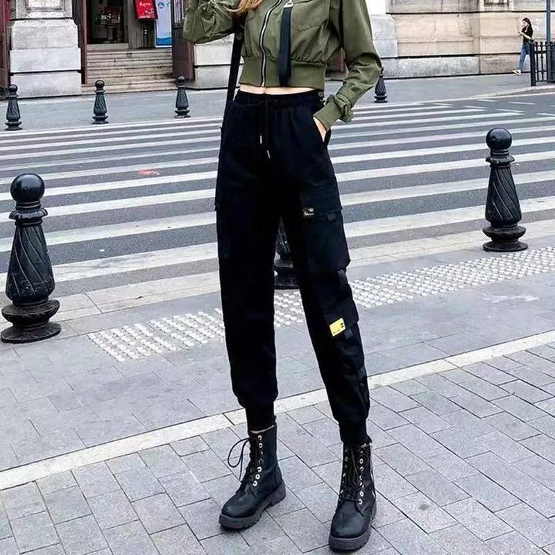 

Casual Black Cargo Pants Women Joggers High Waist Loose Female Trousers Streetwear Style Pocket Ladies Pants
