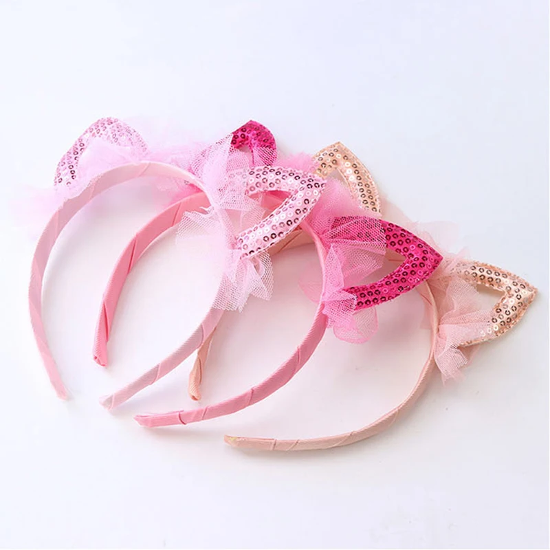 Детский ободок для волос цветной кружевной с блестками и кошачьими ушками